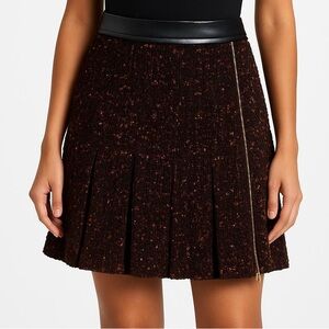 Per Se Black and Red Orange Textured Wool Tweed Skirt